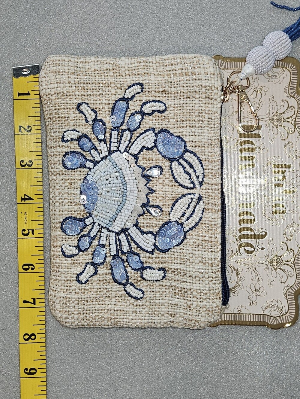 NWT Viral Beaded Blue Crab Wristlet On Natural Woven Fabric - India Handmade 🦀✨ - Picture 8 of 9